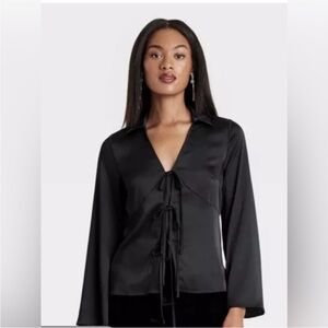 A New Day Black Satin Tie Front Top